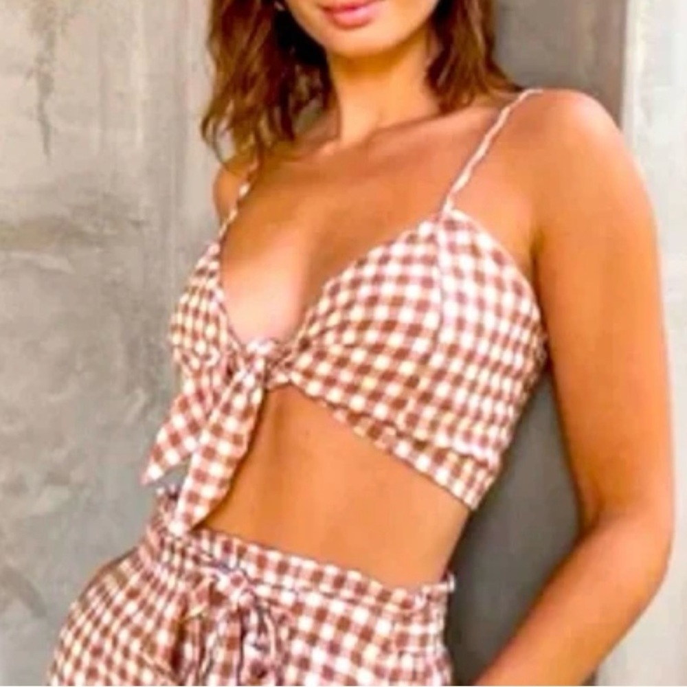 Lulus Tie Front Crop Top Midday Muse Gingham White Brown Size Medium NWT